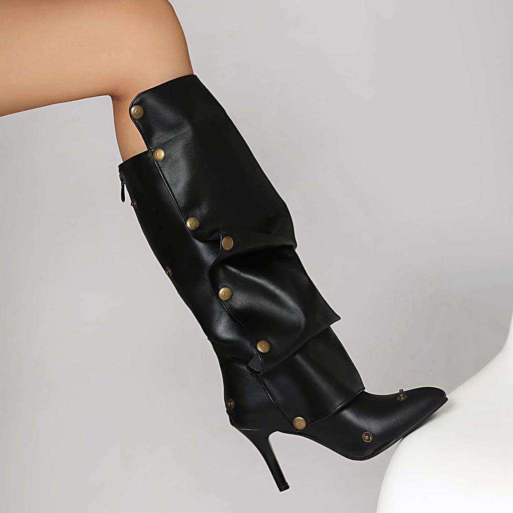Lenkisen PU Осенне-зимние туфли с острым носком на шпильках Тонкие высокие каблуки Металлические заклепки Сохраняют тепло Модные сапоги до колена