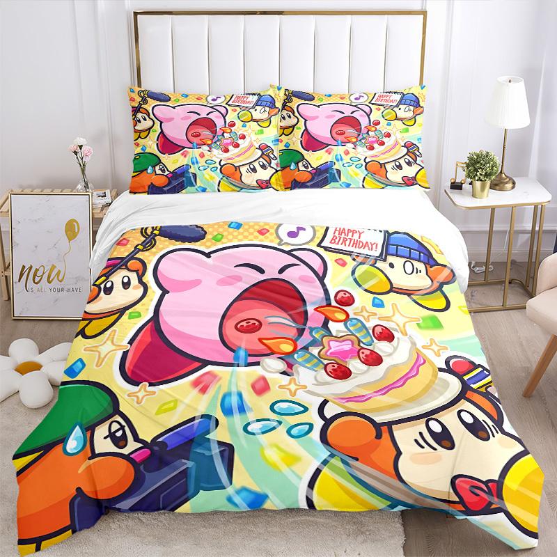 3-местный комплект постельного белья Kirby Party Включает 1 одеяло + 2 наволочки, Без вкладышей для подушек, Мягкий, Удобный, Легкий, Дышащий, С принтом