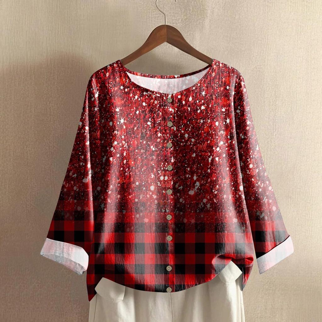 Женский повседневный топ с длинным рукавом и круглым вырезом, из хлопка и льна, с принтом в стиле ретро с градиентом