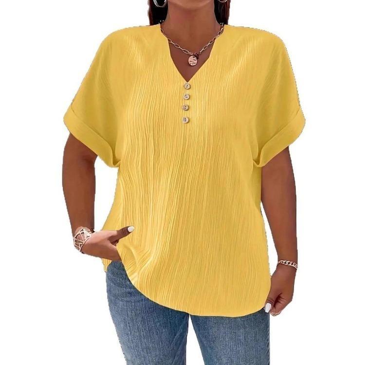 New Four Season Fashion Button Down Short Sleeve T Shirt Elegant Solid Color Casual Womens Plus Size