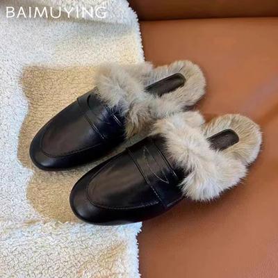 Меховые женские тапочки на плоской подошве Мюли Кожаная обувь Женские 2024 Тенденция Зима Теплая Модная Короткая Мягкая Хлопковая Обувь Ботинки Слингбэк Сноу Ботас