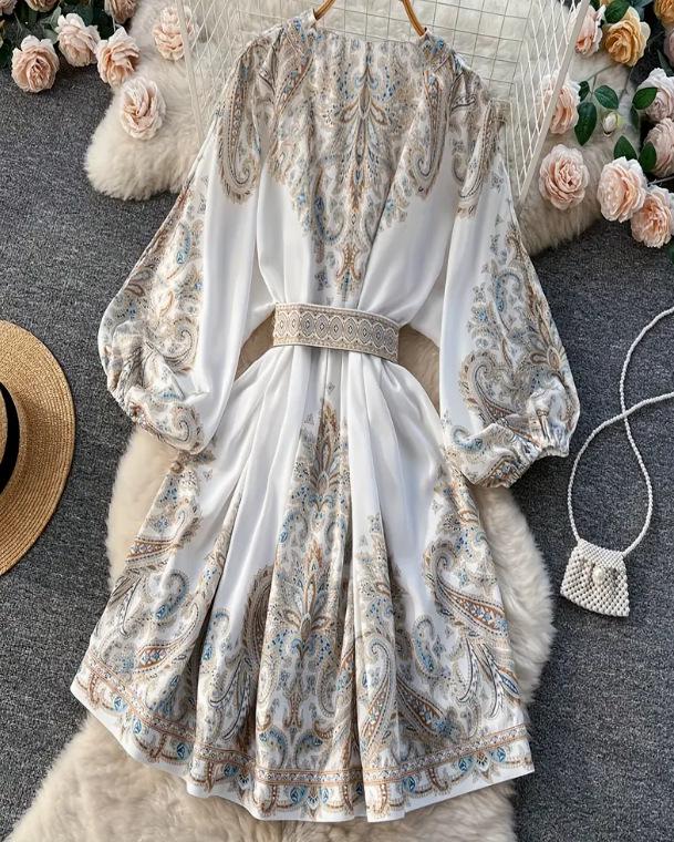 Весеннее французское ретро-платье с принтом, V-образным вырезом, рукавами-фонариками, затягивающейся на талии завязкой