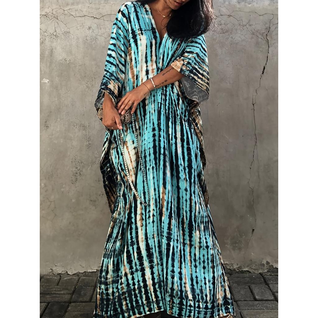 Plus Size Boho Cover Up, Women's Plus Striped Batwing Sleeve V Neck Split Maxi Kaftan Cover Up Dress