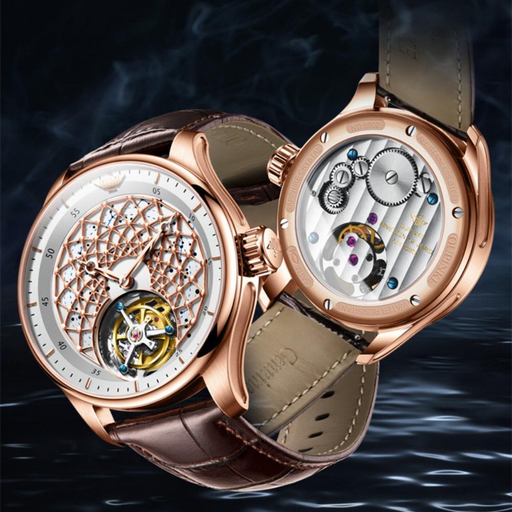 OUPINKE Новые мужские часы для бизнеса и отдыха, механические часы с турбийоном, полые водонепроницаемые мужские часы