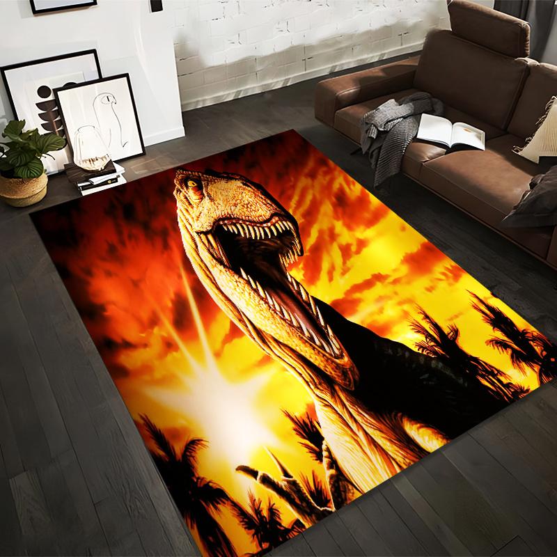 Realistic Dinosaur Print Carpet with Sunset Background and Palm Tree Silhouettes" Suitable for use as an anti-slip1 for1room and bedroom sofas