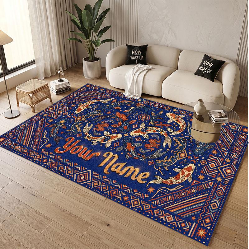 Koi Fish Theme Soft Crystal Velvet Rug Custom Name & Text Print Non Slip Floor Rug for Bedroom Living Room