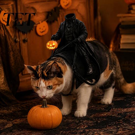 Comfortable Pet Costume Accessory Headless Horseman Cat Costume, Halloween 3D Funny Rider Outfit with Pumpkin Cute Dog Clothes for Party Lantern,