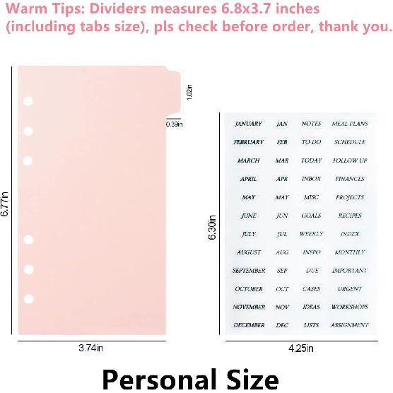 Personal A6 Dividers 6 Hole Transparent Binder Index Page Dividers with Tabs Plastic Tab Dividers with Stickers for Binders, Planner, Agenda (Pink -