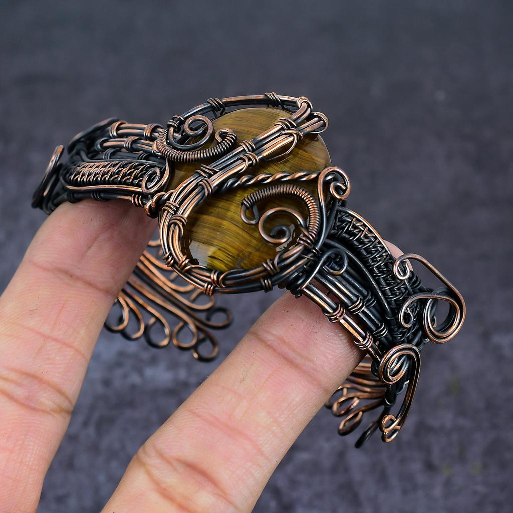 Браслет-манжета из медной проволоки с драгоценным камнем тигровый глаз, регулируемый r7a66