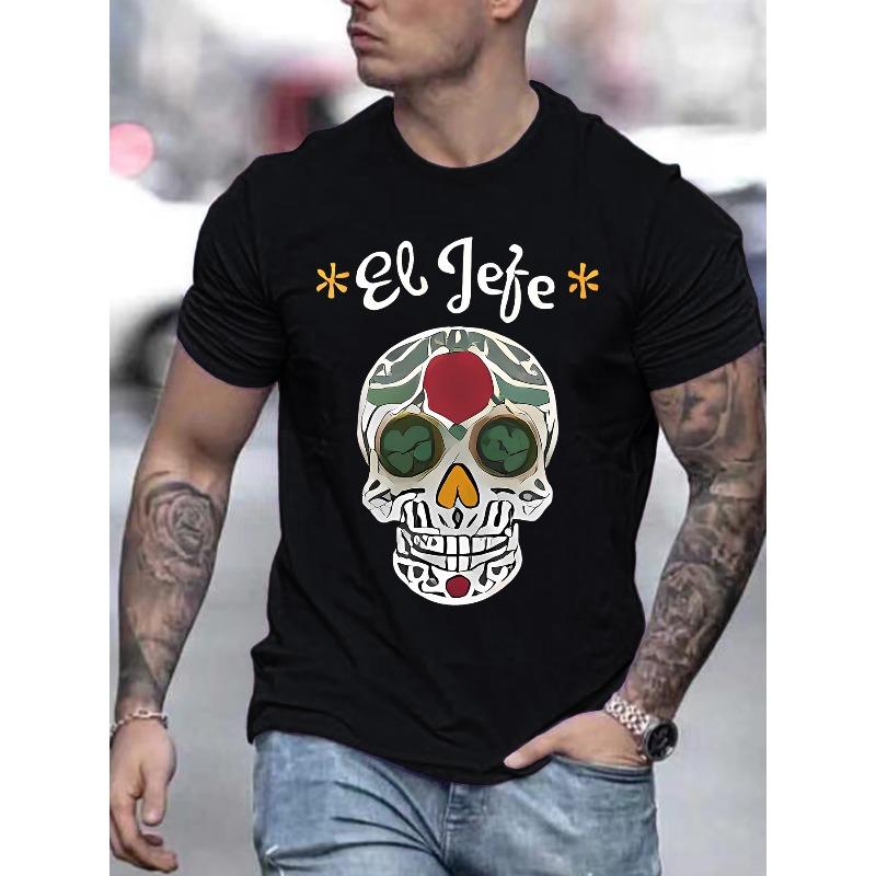 Мужская повседневная футболка с принтом - "El Jefe" Череп, Короткий рукав, Круглый вырез, Светло-серый, Летняя модная футболка, Повседневная одежда | Удобная