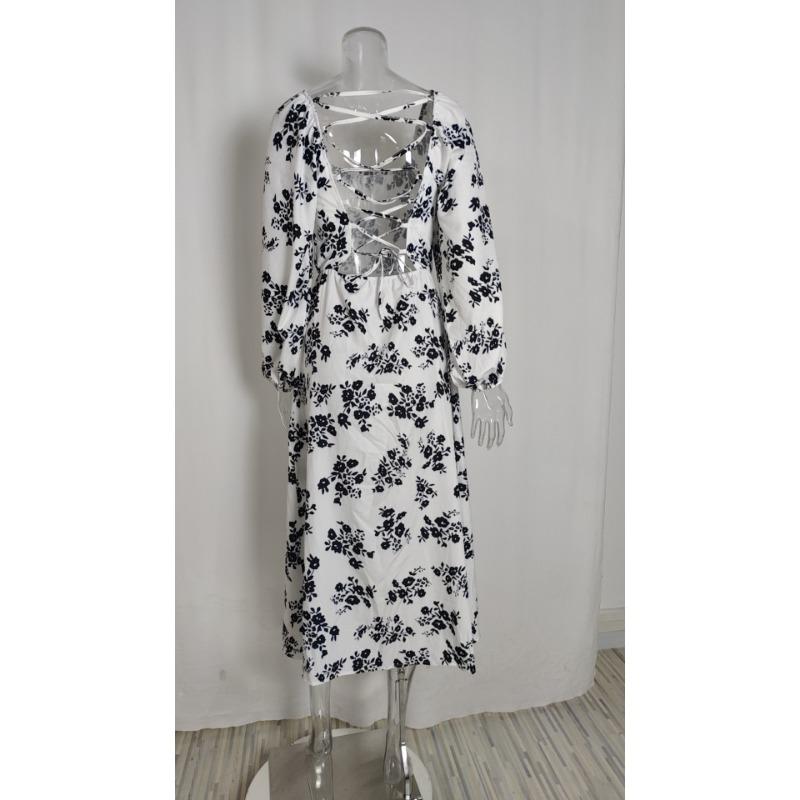 Весенние женские темпераментные элегантные платья с разрезом и рукавами-фонариками с принтом