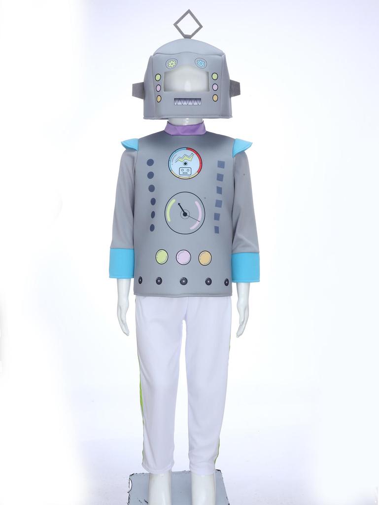 Unisex Kids Robot Costume Long Sleeve Colorful Printed Top Elastic Waistband Pants Cute Robot Headgear Cosplay Halloween Set