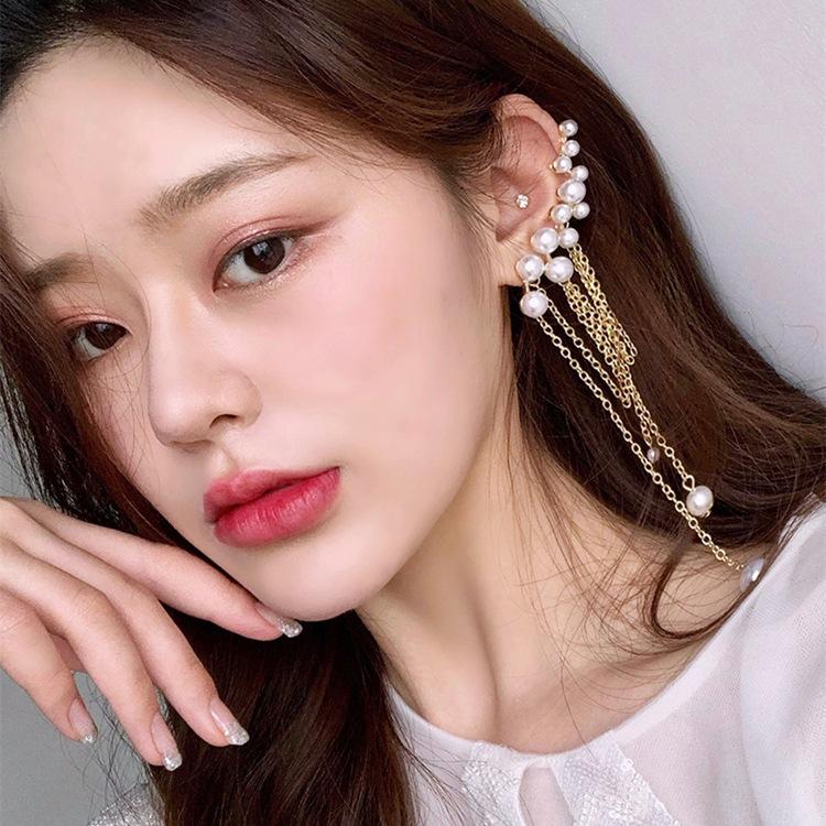 Pearl tassel asymmetrical earbone clip integrated earrings personality temperament fashion earrings sterling silver