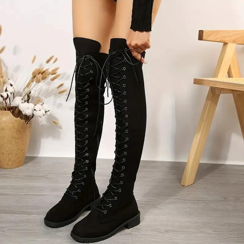 Fashion Casual Women's Boots Low Heels Flock Over Knee Boots for Woman 2024 New Cross Strap Lace Up Fashion Female Thigh High Boots
