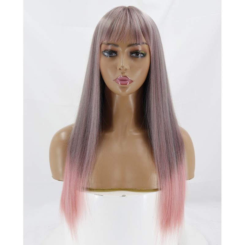 MISS WIG Women Fashion Long Straight Hair with Bangs Gradient Color Heat Resistant Cosplay Wigs Synthetic Fiber Wigs with Bangs