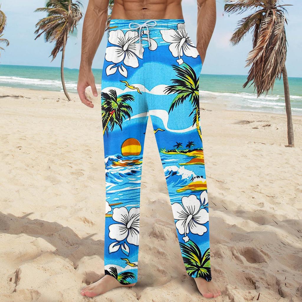 Мужские мягкие домашние пижамные штаны с гавайским принтом, повседневные спортивные штаны с завязками