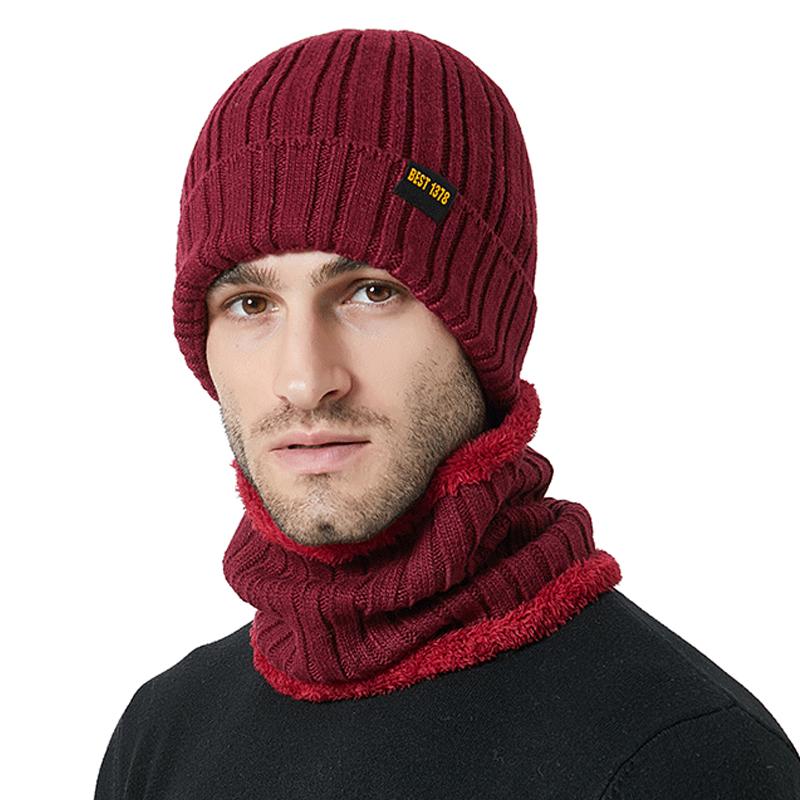Шапка осень-зима мужская вязаная шапка шарф комплект из двух предметов уличная защита ушей бархатный теплый комплект