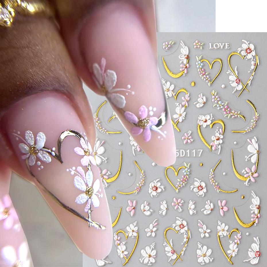 Xiaomi 5D Embossed White Floral Gold Line Sliders Spring Pink Flowers Nail Stickers DIY Simple Petals Wedding Nails Decals Accesories