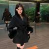 Black Woolen Coat Women's Autumn and Winter Waist Medium and Long Woolen Coat