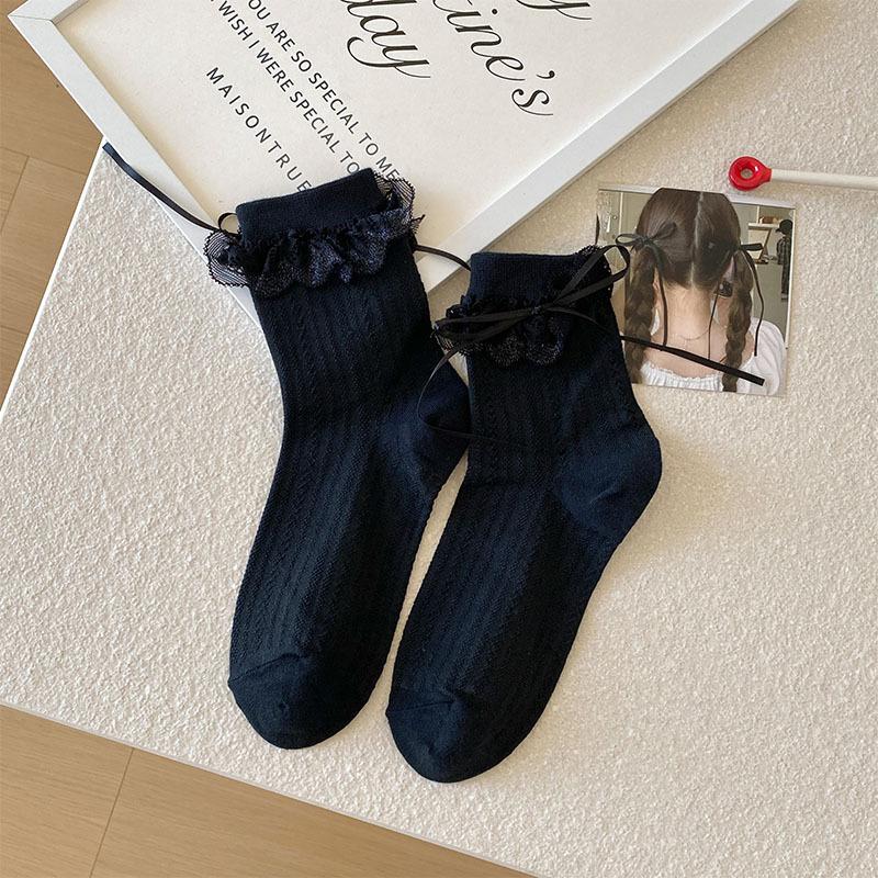 Женские весенне-летние носки с милым кружевным краем и бантом в рубчик