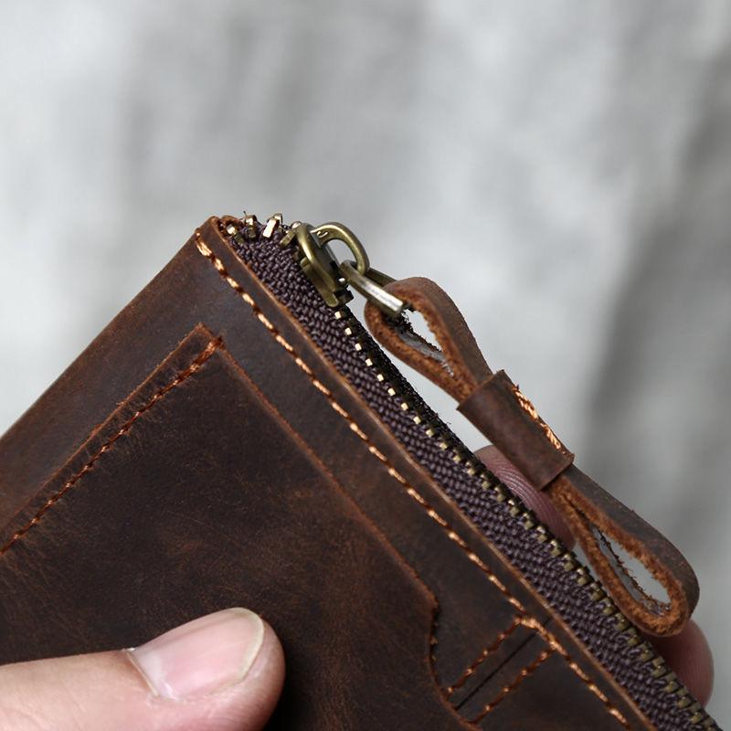 Retro Top Layer Cowhide Genuine Leather Mens Thin Purse Small Wallet Slim Zipper Key Coin Holders Loose Change Pocket Pouches