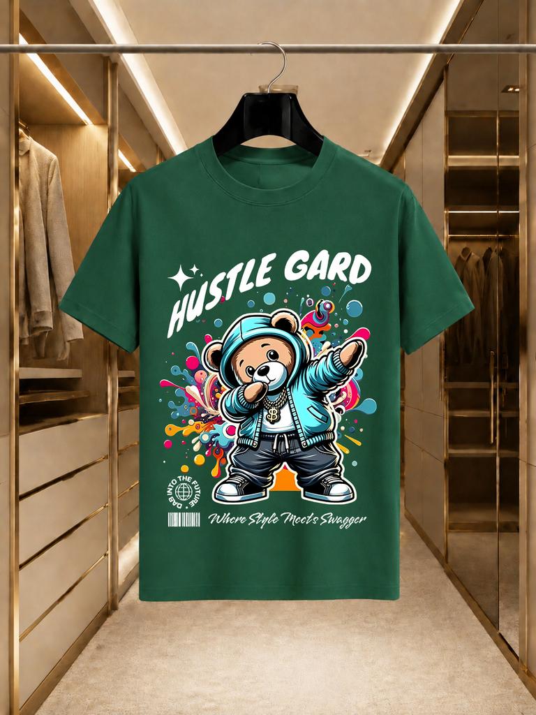 2026 New Arrival 100 Cotton Tshirt Hustle Gard Color Splash Hip Hop Bear Print American Street Loose Casual Short Sleeve Tee