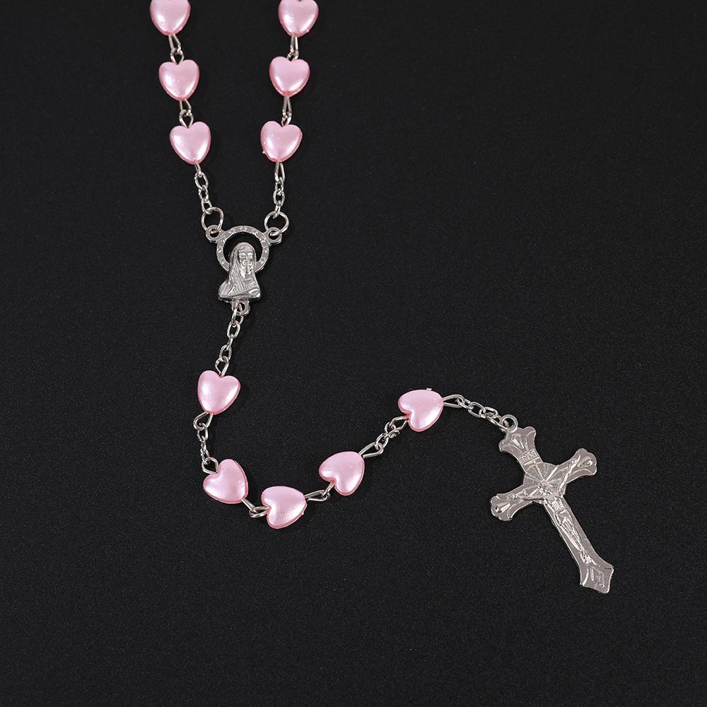 New Pink White Heart Rosary Necklace For Women Virgin Mary Cross Pendant Beads Chain Men Religion Prayer Party Jewelry Gift
