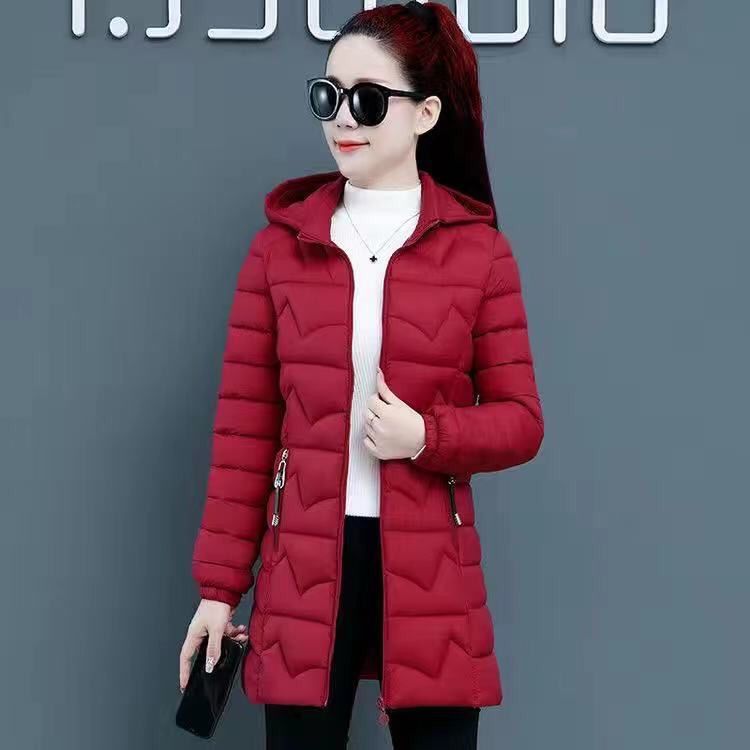 Winter Light and Thin Cotton Clothes Women's New Versatile Slim Fit Cotton Coat Mid Length Cotton Coat Fashionable and Fashionable Hooded Coat