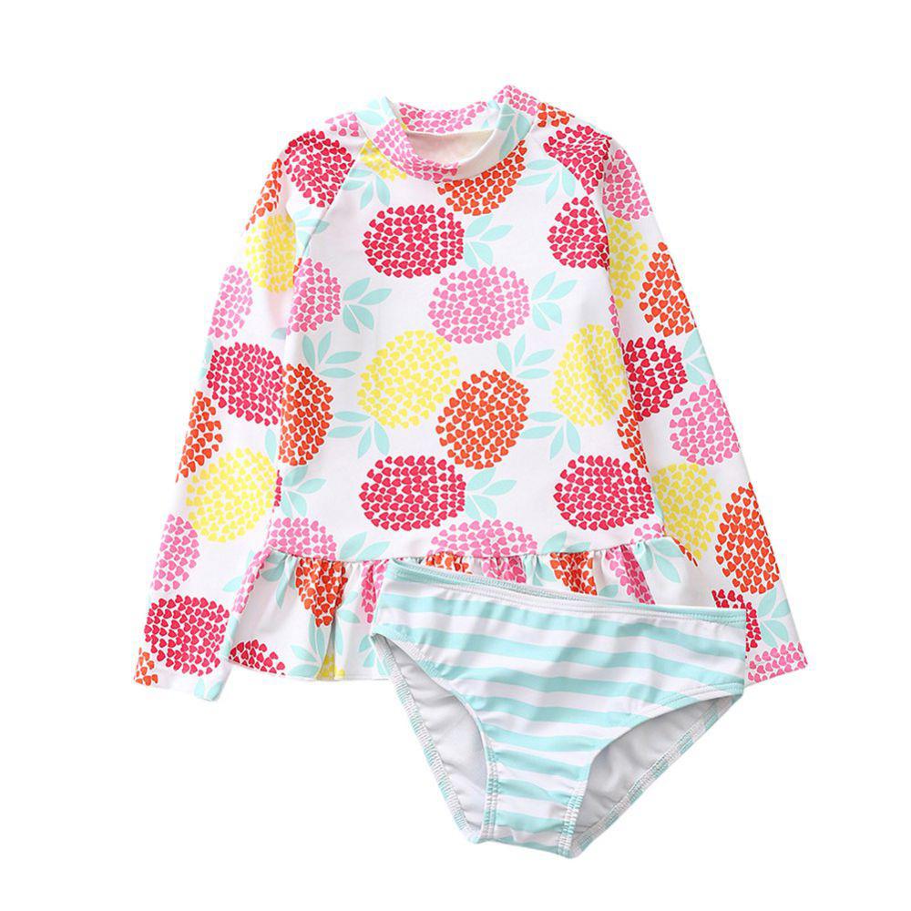 Baby Toddler Girls Rashguard Two Pieces Swimsuit Set Long Sleeve Pineapple Print Bathing Suits Striped Bikini Bottoms Sun Protection Swimwear