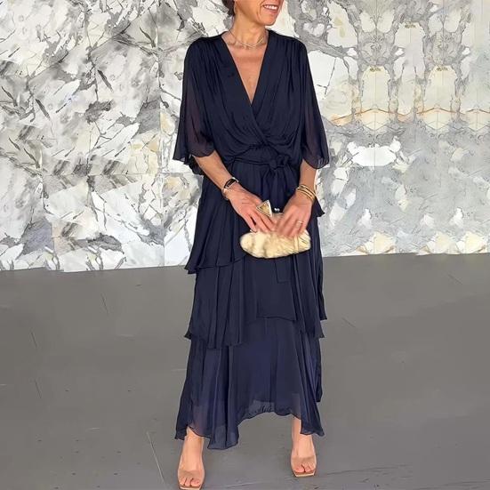 Женское летящее шифоновое платье для гостьи на свадьбе, с оборками, рукавом до локтя, завышенной талией, присборенное платье-запа́х, V-образным вырезом, многоярусное платье-свинг