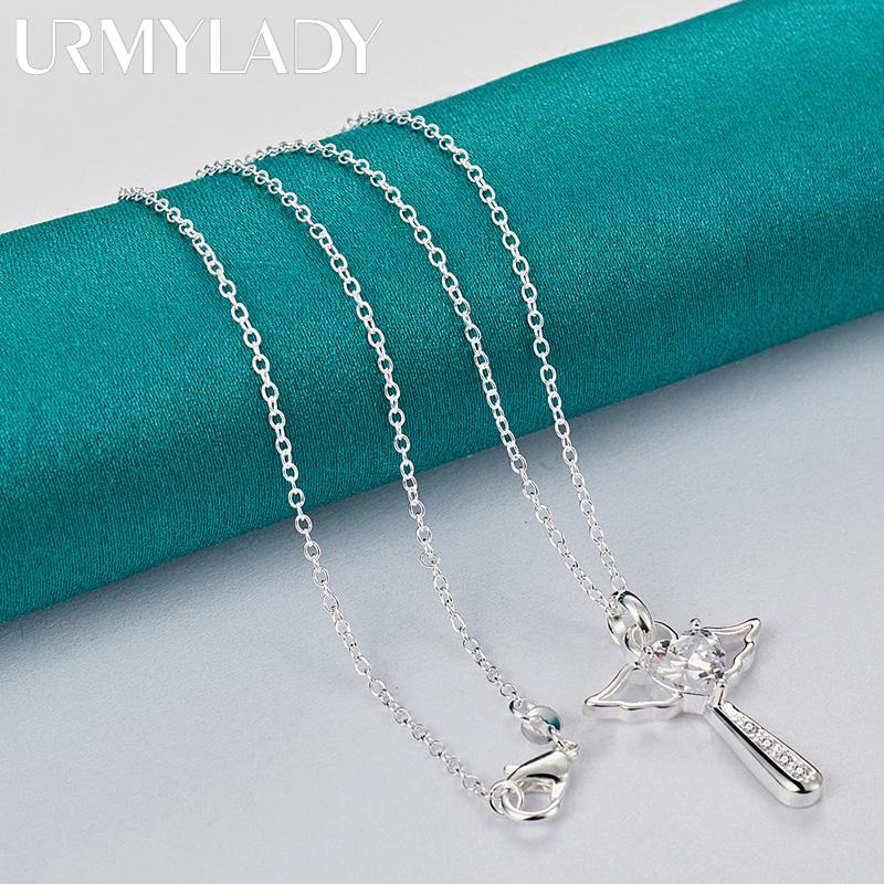 URMYLADY 925 Sterling Silver Cross Angel AAAAA Zircon Pendant Necklace For Women Wedding Engagement Fashion Jewelry