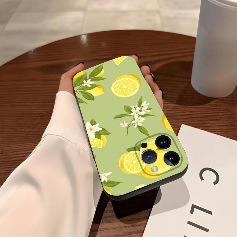 Чехол для телефона Цветочные Листья Лимон Для iPhone 17,16,15,14,13,12,11,Pro,X,XS,Max,Plus,Мягкий Черный Чехол