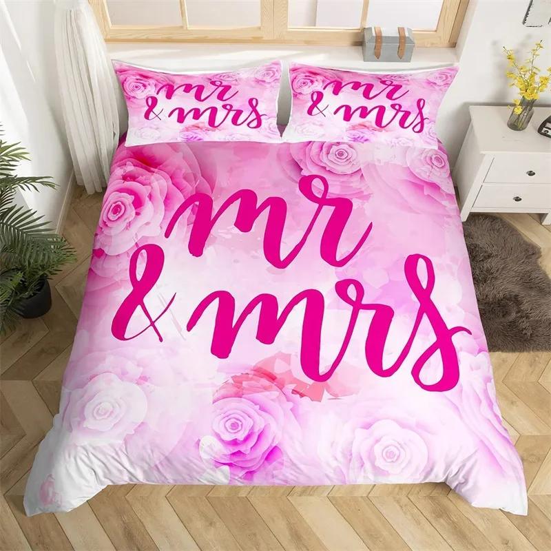 Mr Mrs Romantic Wedding Theme Comfortable Duvet Quilt Cover Pillowcase Bedding Set Children Bedroom Decoration Home Textile