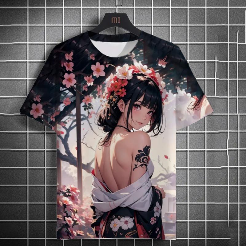 Men's T-shirt 3D Printed Anime Goddess Back Tattoo Print T-shirt Casual Loose Short Sleeved T-shirt Men's Home Clothing Top