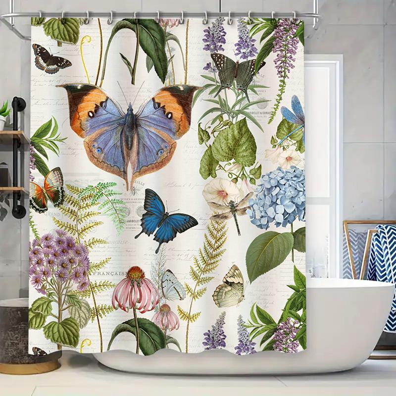 Natural Butterfly Flowers Bath Curtain Printed Fabric Shower Curtain for Bathroom Decor