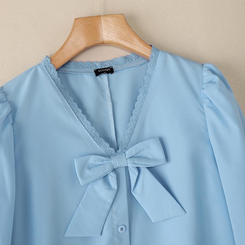 VONDA Women Puff Long Sleeve Lace Hem Bow Knot Casual Blouse Tops