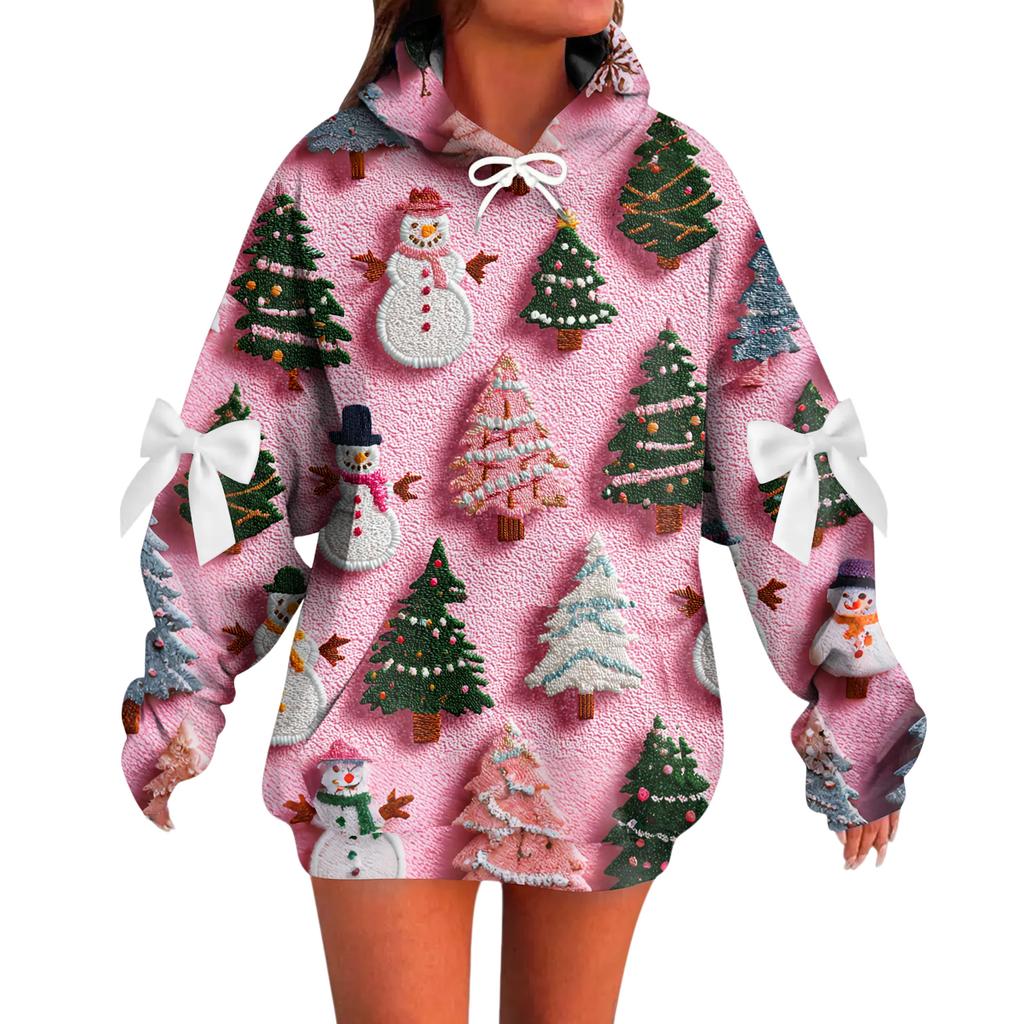 Женский рождественский с принтом банта, с длинными рукавами, свободного кроя, повязка на голову с веревкой, худи-топ с капюшоном