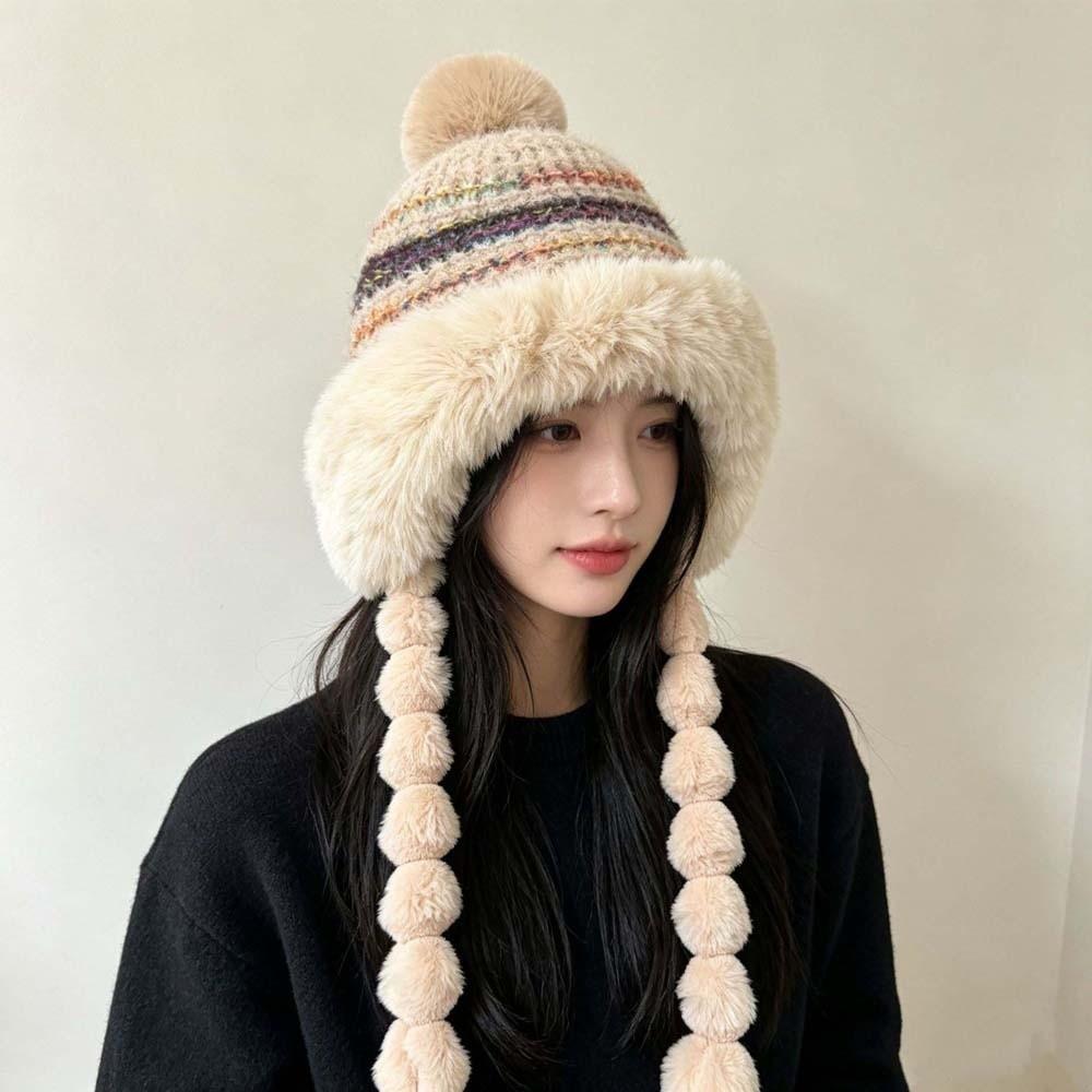 Striped Knit Pompom Braids Hat Fur Brim Fur Trim Trapper Fleece Knit Beanie Skiing