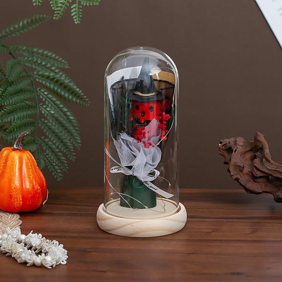 LED Clear Dome Pumpkin Night Light Halloween Pumpkin Figurine In Cloche with LED Light for Home Kitchen Mantel Tabletop Decor