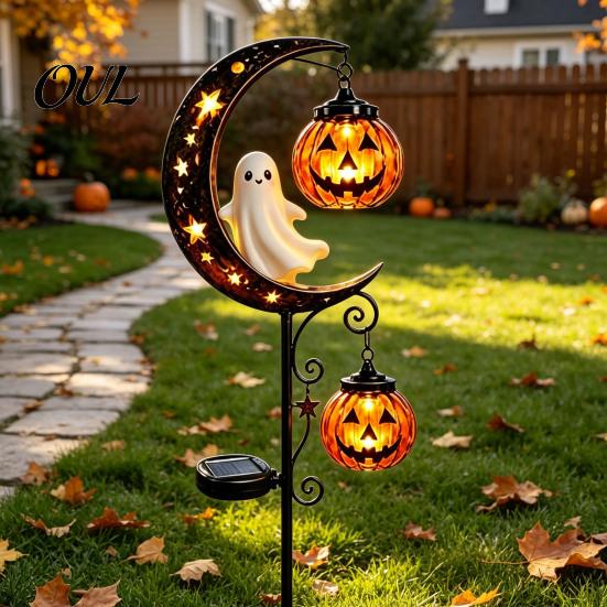 Decorative Metal Yard Stakes Solar Halloween Garden Stake Light, Auto On/Off Crescent Moon Black Cat with Hanging Spooky Outdoor Patio Accents Pumpkin
