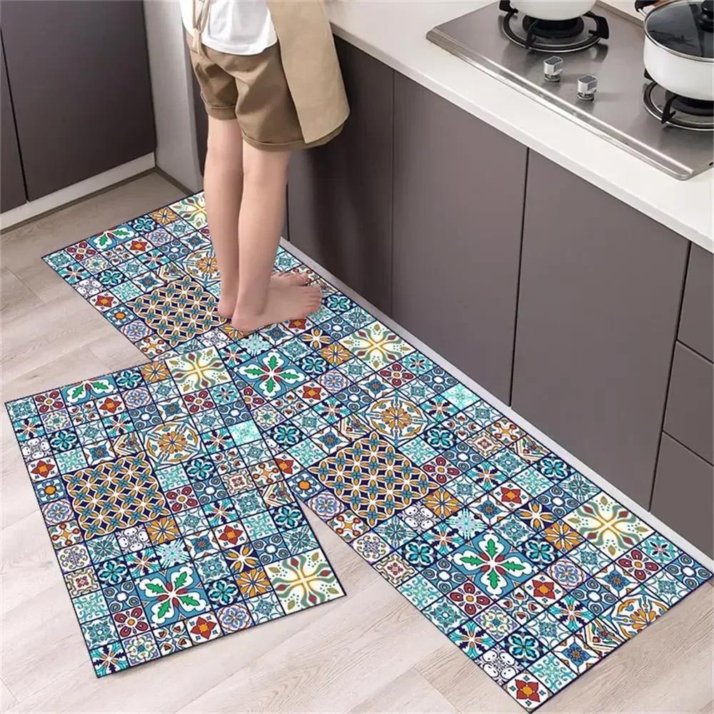 2 Pcs Kitchen Rug Set Non-Slip Oil Proof Washable Black White Diamond Print Floor Mats for Kitchen Sink Laundry Room