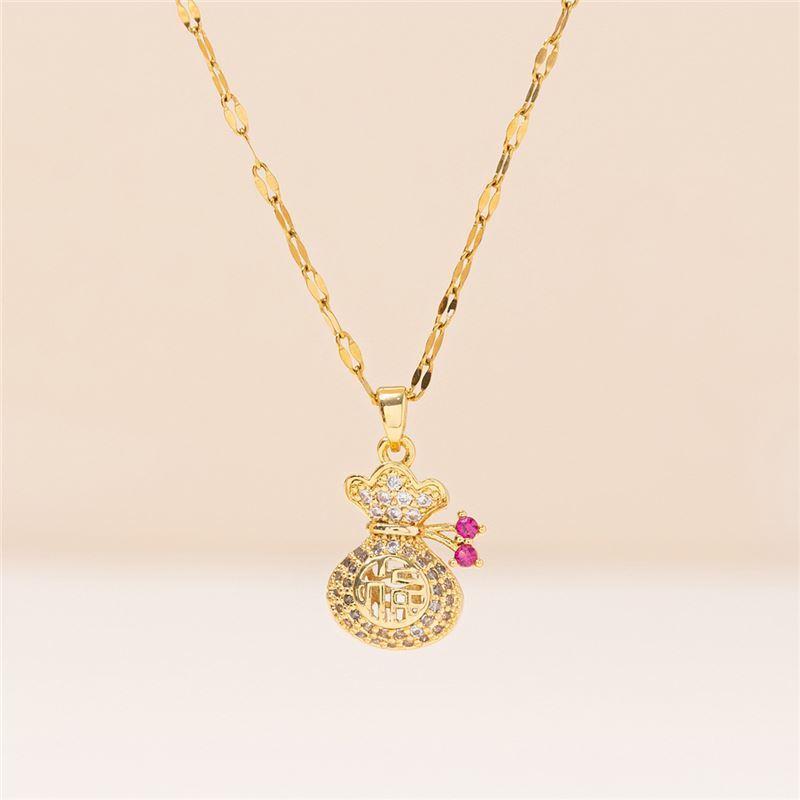 New Hollow Money Bag Titanium Steel Necklace with Diamond Inlay, Fashionable Trendy Women's Fortune Bag Clavicle Chain