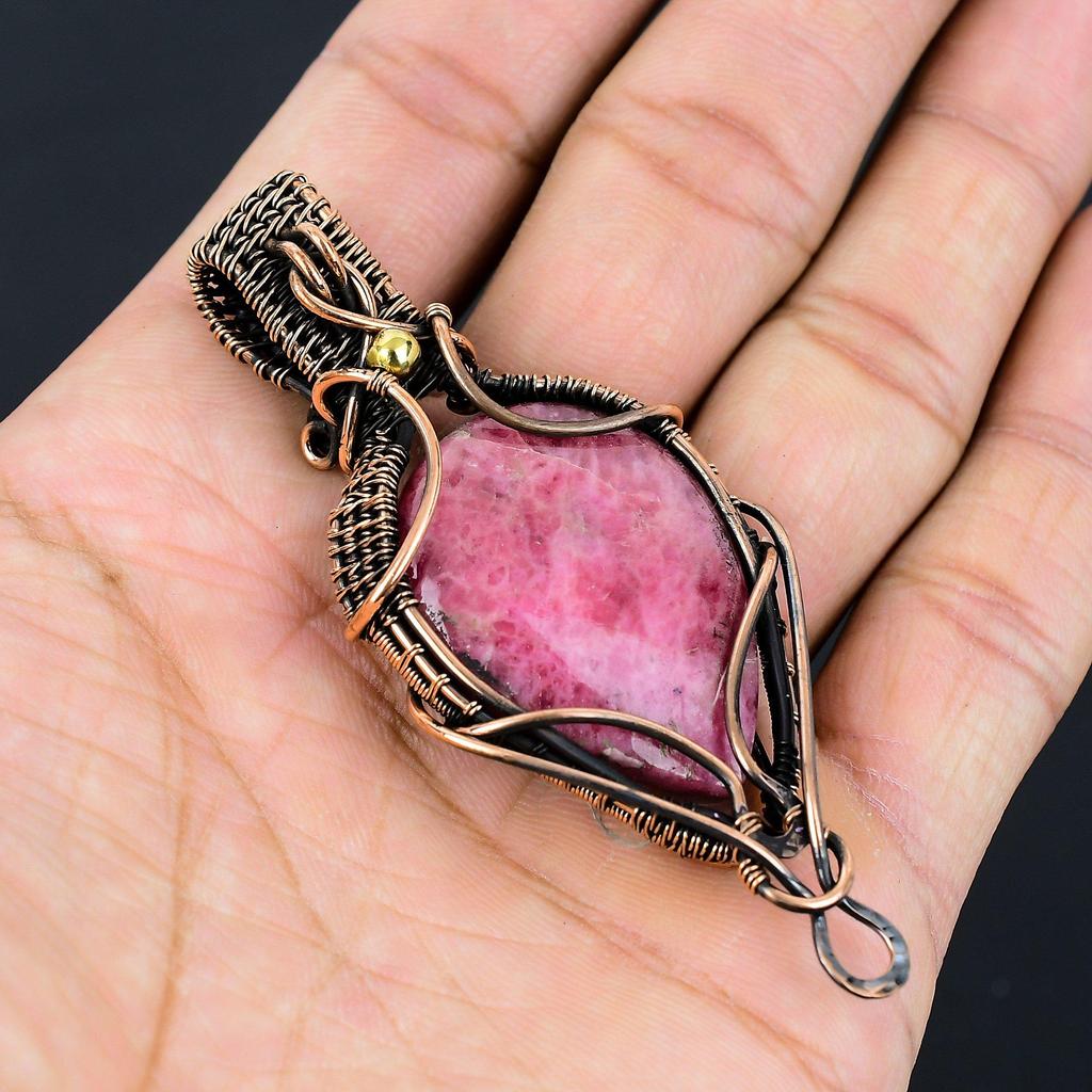 Rhodonite Gemstone Pure Copper Wire Wrapped Handmade Pendant Jewelry