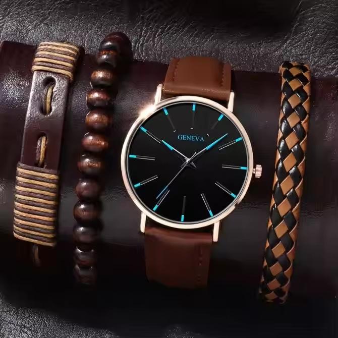 Belt Business Men'S Watch Fashion Temperament Simple Style Casual Bracelet Set Quartz Men'S Watch