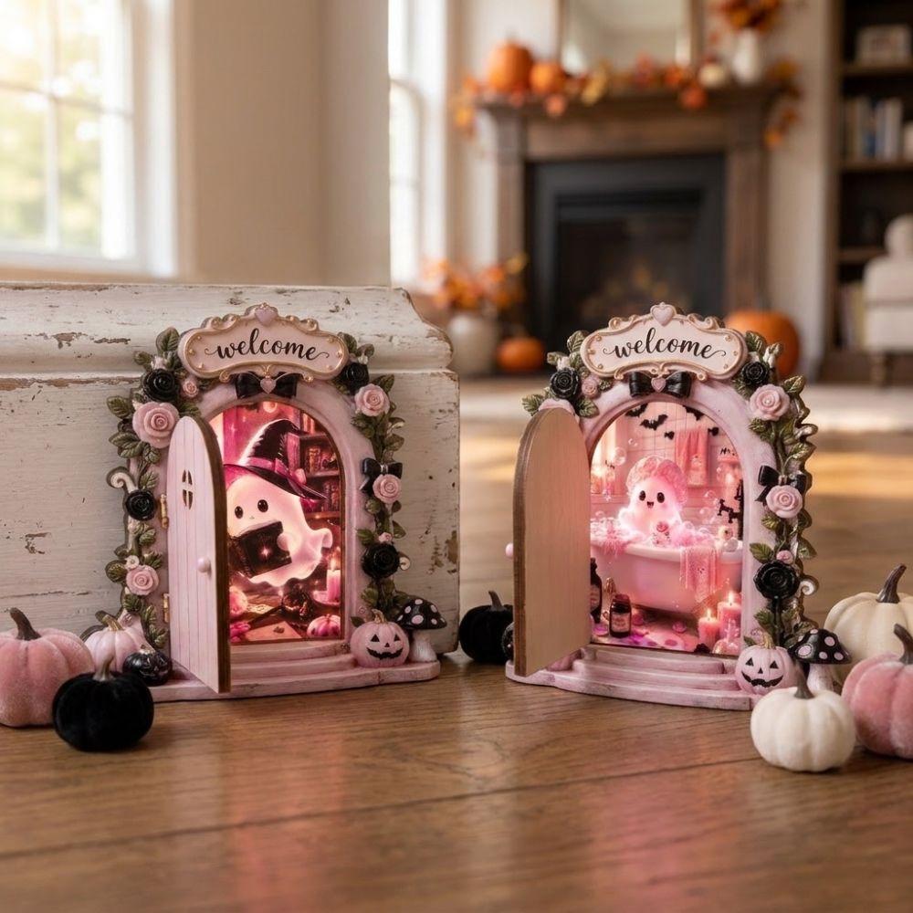 Pumpkin Mushroom Mini Wooden Ghost Door Figurine Rose Bow Mouse Ghost Door Frame Holiday Party