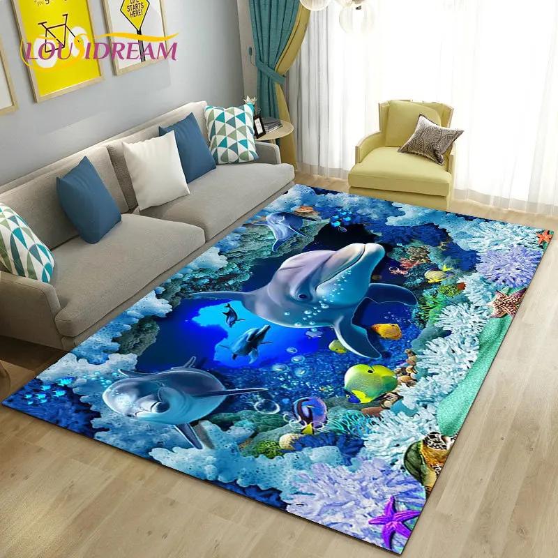 3D иллюзия морского дна, подводный мир, коврик с дельфином и акулой, ковер для гостиной, спальни, дивана, коврик, нескользящий напольный коврик