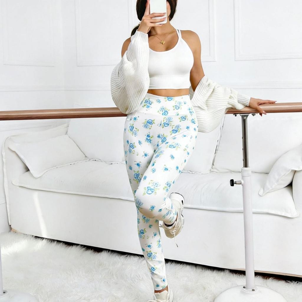 Versatile Yoga Pants For Women All Over Printed Tight High Waist Hip Lifting Sports Fitness Blue Floral Bottoming