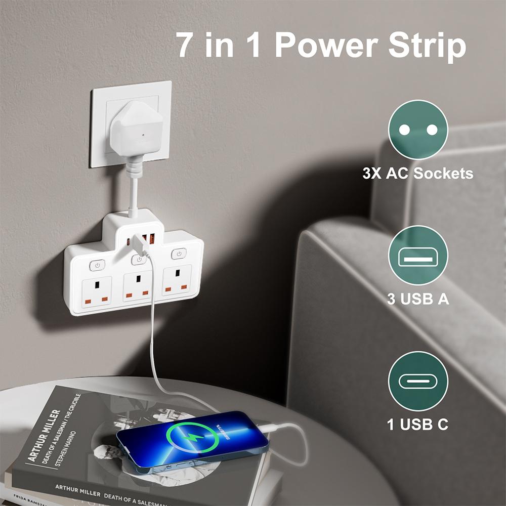 Сетевой фильтр с вилкой переменного тока для Великобритании, настенный независимый выключатель, сетевой фильтр с зарядкой через USB C, сетевой фильтр, адаптер