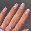 24 Pcs Colorful Flowers False Nail French Tip Artificial Nail Full Cover Stick On Nail Short Square Press On Nail