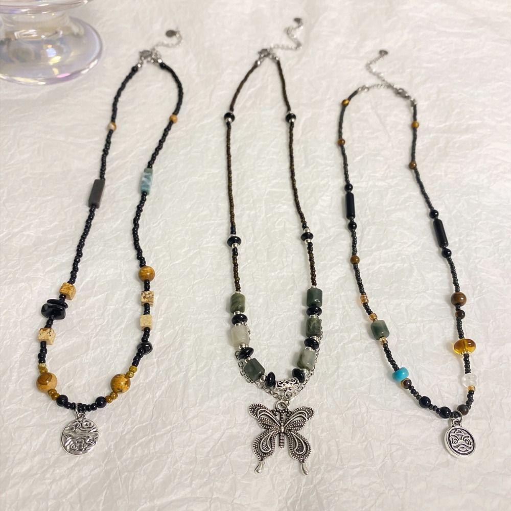 Винтажная черная веревка, новое китайское ожерелье, цепочка из камня и бисера для панк/колье/хиппи/унисекс